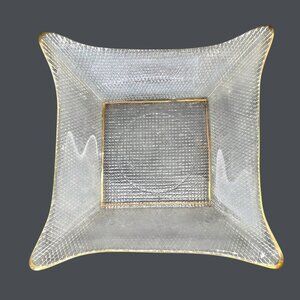 Textured MCM Square Trinket Caddy Waffle Pressed Clear Glass Dish Gold Trim VTG